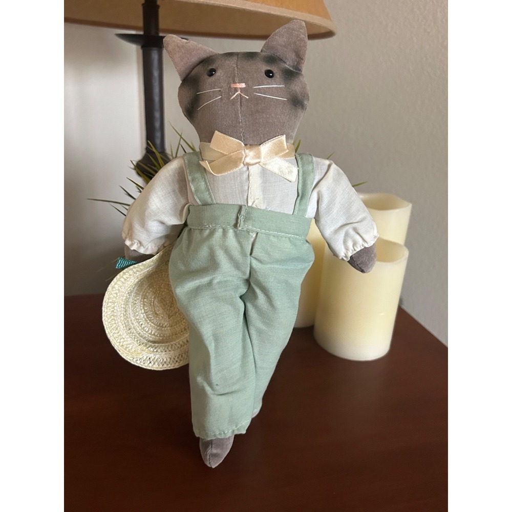 Hallmark Captivating Cats Gray Cat Cloth Doll Green Overalls Straw Hat 11" Plush - Picture 7 of 12